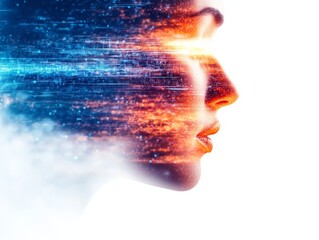 A stunning portrait of a woman's profile merged with vibrant digital effects, symbolizing creativity and innovation in technology.