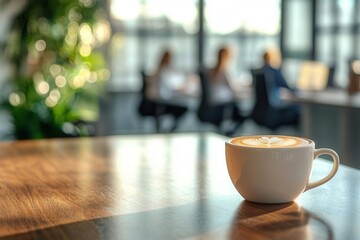 Cappuccino on a polished desk, marketing team planning, blurred office background