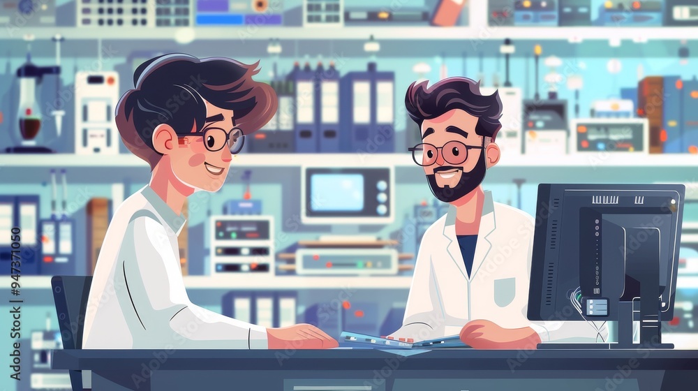 Poster cartoon vector technical expert explaining hardware components to a client