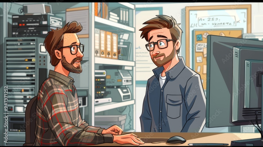 Poster cartoon vector technical expert explaining hardware components to a client