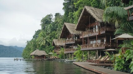 Fototapeta premium Tropical Overwater Bungalows with Lush Jungle and Calm Water