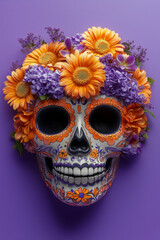 3D model of dia de los muertos festive mask with dahlias, roses and orange marigolds on a vibrant bold purple background