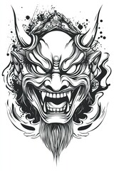 Japanese Demon Mask Illustration with Splashes