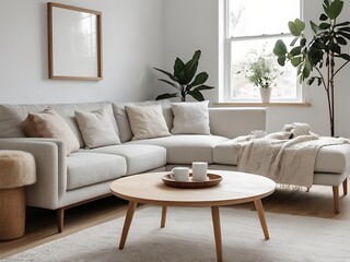 round wood coffee table against white sofa scandinavian home interior design of modern living room