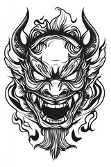Fototapeta premium Japanese Demon Mask Tattoo Design Black And White Ink Illustration