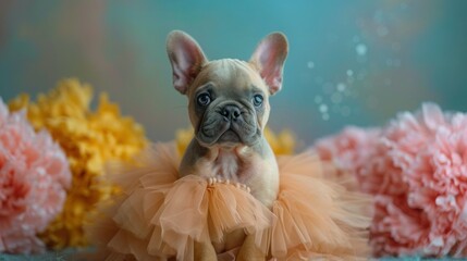 Ballet Bull: Cute Dog Dances with Grace in Pastel Bloom Costume, Minimal Animal Cartoon Style