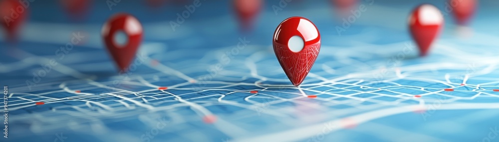 Poster red location pins on a blue map, symbolizing navigation and mapping technology for travelers and exp
