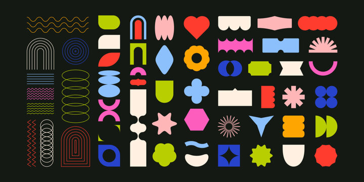 Retro brutalist shapes. Funky 70s 80s 90s modern constructor of basic primitive figures, groovy contemporary geometric swiss bauhaus style. Vector isolated set