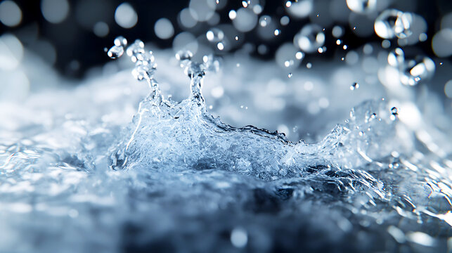 Design a close-up image of a sparkling water splash, with the liquid forming clear, sharp edges and bubbles sparkling throughout the scene