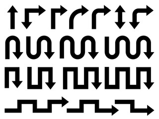 Go Straight, U turn, Right Left, One Way, Only U Turn Arrow Sign Direction Icon. Set of arrows black icons. Circle arrows, rotate arrow, spinning loading symbol. Circular rotation, redo process.