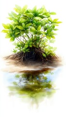 A vibrant plant with lush green leaves reflecting in calm water, symbolizing nature's beauty and tranquility.