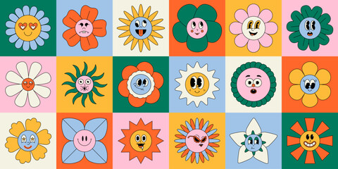Groovy cartoon flower characters. Cute colorful retro 60s 70s 80s 90s floral hippie funky plants, abstract Y2k funny blossom faces. Vector isolated set
