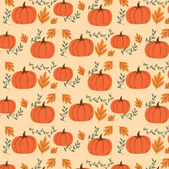 Orange Pumpkin and Autumn Leaves Pattern