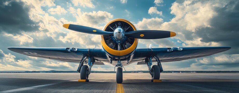 A photograph of the front view of an F4F Wildcat on the tarmac, with blue and yellow colors, a sunny sky with clouds, and a cinematic look.