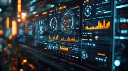 Obraz premium An industrial IoT dashboard displaying real-time data from sensors and machines in a factory control room.
