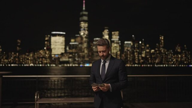 Financial investment. Successful business. Businessman count money outdoor. Businessman invest money in business. Successful business brings money. Successful business man investor. Money exchange