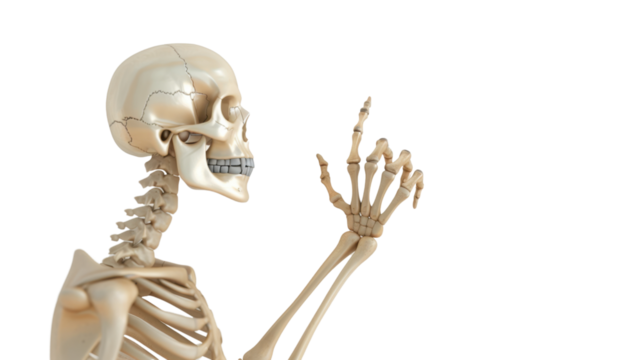 Skeleton is pressing a button isolated on white background