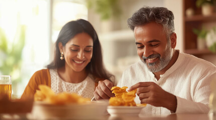 young indian couple eating snack at home