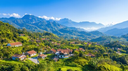 Fototapeta premium Mountain Village Landscape with Houses and Lush Greenery