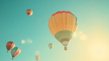Fototapeta premium A serene view of colorful hot air balloons ascending against a bright blue sky at sunset, capturing a sense of freedom and adventure.