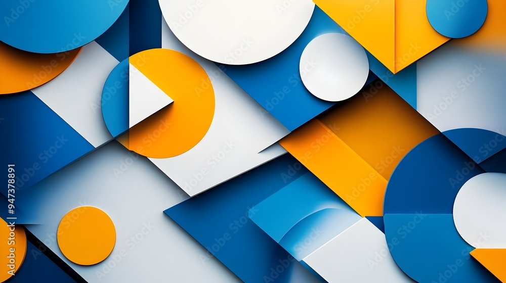 Poster vibrant abstract geometric shapes arranged in a dynamic composition