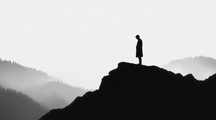 A solitary figure stands atop a mountain, surrounded by misty landscapes, evoking a sense of reflection and tranquility.
