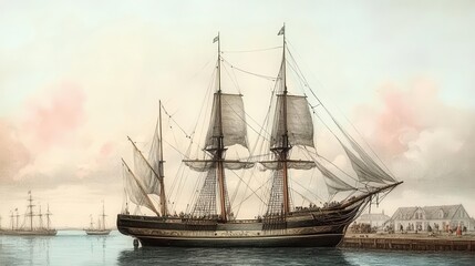 An old engraving of a colonial-era ship docked at a bustling port, old engraving, ship, colonial