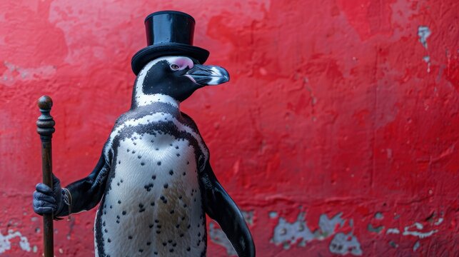 Tap-dancing African Penguin in Top Hat with Cane on Red Background