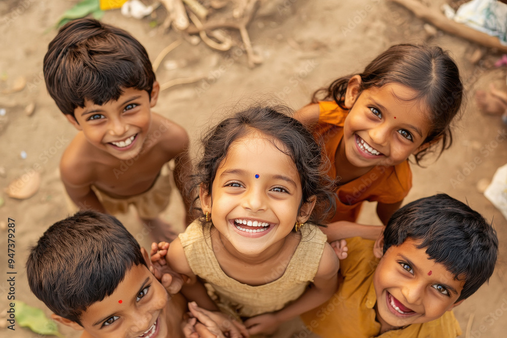 Wall mural happy indian children looking up