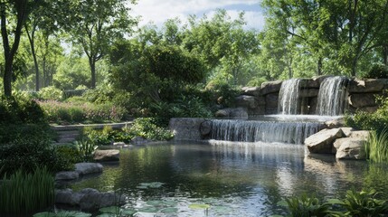Naklejka premium Serene Waterfall Cascading into a Lush Forest Pond