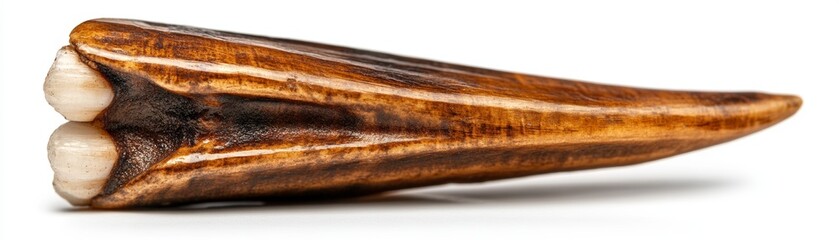 Close-up of a unique, polished tusk with detailed textures and colors, showcasing natural beauty and organic design elements.