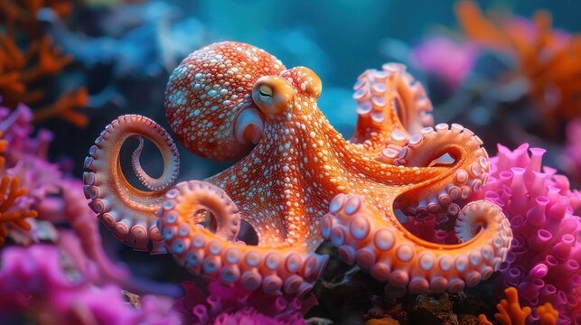 Underwater Ballet: Ethereal Octopus Dancing Amid Vibrant Coral in Nature's Blue Aquarium
