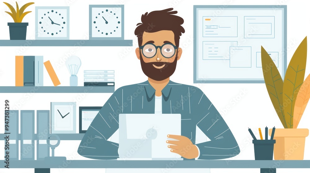 Poster cartoon vector professional using a time-tracking app on a tablet