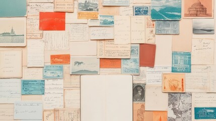 A collage of vintage postcards, tickets, and souvenirs arranged in a travel journal style, collage, vintage, travel journal