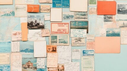 A collage of vintage postcards, tickets, and souvenirs arranged in a travel journal style, collage, vintage, travel journal