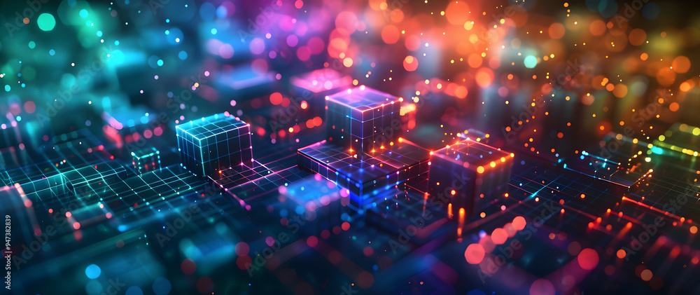 Aufkleber abstract background with neon glowing digital blocks forming an illuminated maze, symbolizing the co