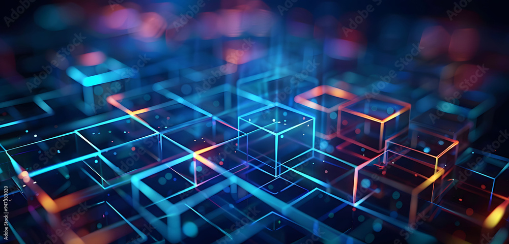 Aufkleber abstract background with neon glowing digital blocks forming an illuminated maze, symbolizing the co