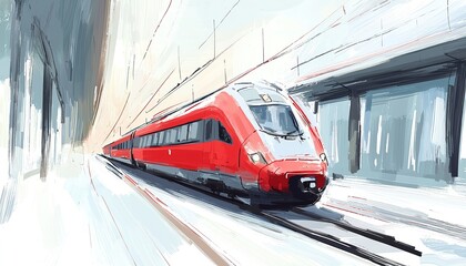 Fototapeta premium A vibrant illustration of a speeding red train traveling through a modern station, showcasing dynamic movement and urban design.
