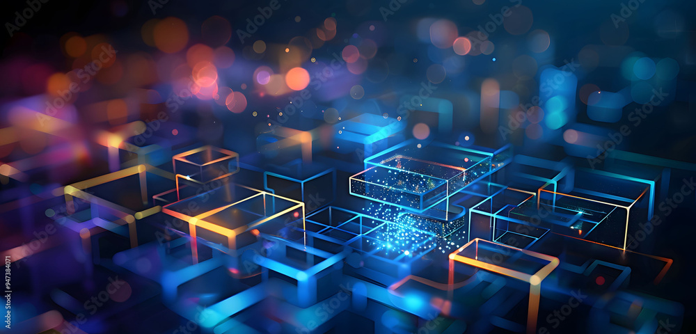 Aufkleber abstract background with neon glowing digital blocks forming an illuminated maze, symbolizing the co