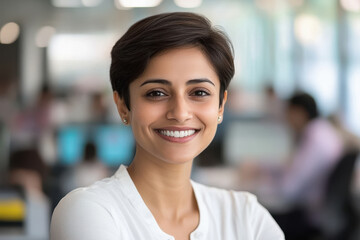 Obraz premium happy young indian woman standing at office
