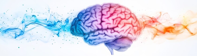 Obraz premium Colorful representation of a brain with vibrant splashes, symbolizing creativity, knowledge, and mental activity.