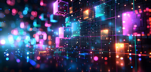 Obraz premium Abstract background with neon glowing digital blocks forming an illuminated maze, symbolizing the complexity of data and technology in business or science.