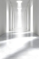Fototapeta premium A long, white hallway with a bright light at the end, creating a sense of mystery and intrigue.