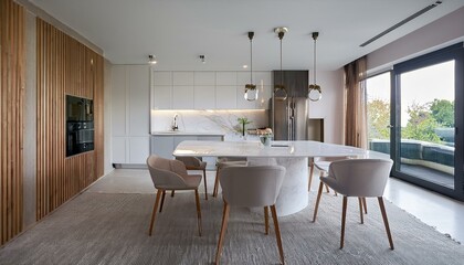 Fototapeta premium Minimalist modern interior design of kitchen with white marble stone island, dining table and chairs.