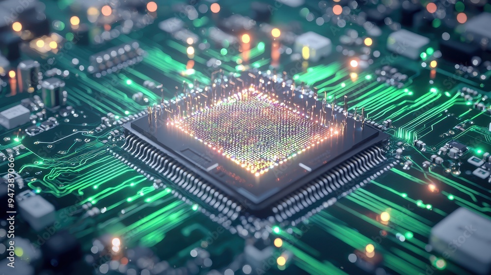 Poster glowing cpu processor on circuit board