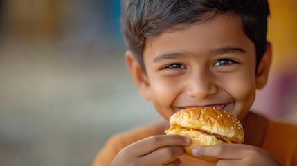 happy indian boy eating burger