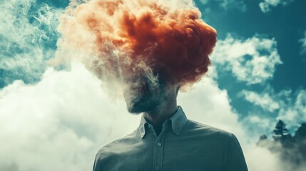 Confused man in suit his head and face covered with red fog with white clouds background
