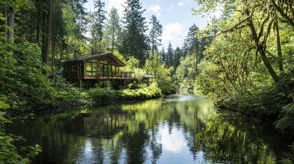 Fototapeta premium Tranquil Riverfront Cabin in Lush Forest