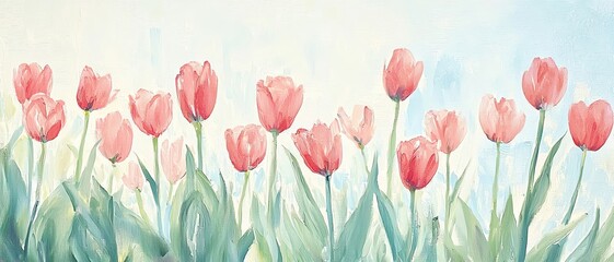 Obraz premium Beautiful pink tulips in a serene watercolor painting, perfect for spring themes and floral decoration.