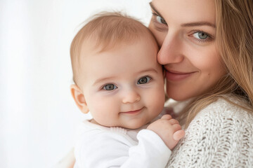 young mother carrying little child on white background